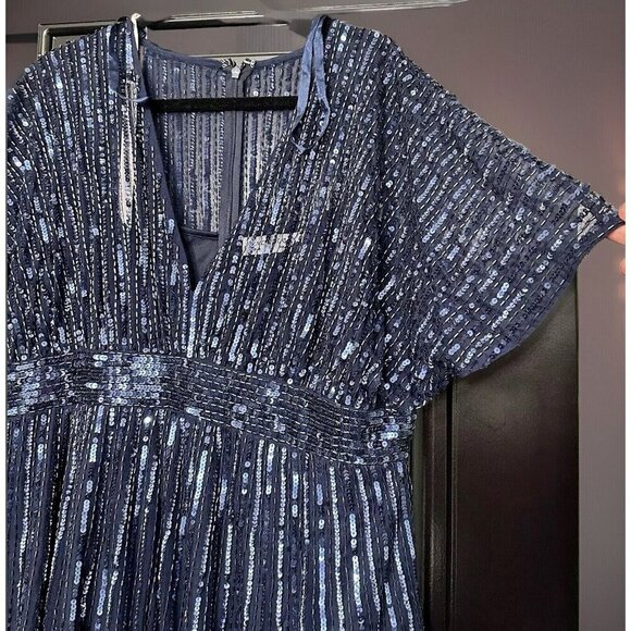 Mac Duggal 14007 Sequined Short-Sleeve Midi Evening Dress Size 18 Midnight - Picture 6 of 10